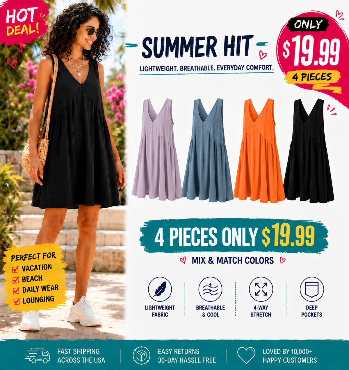 Women's V-Neck Tank Sundress Summer Sleeveless💕 A-Line Mini Dress Casual Loose Dresses with Pockets💕💕