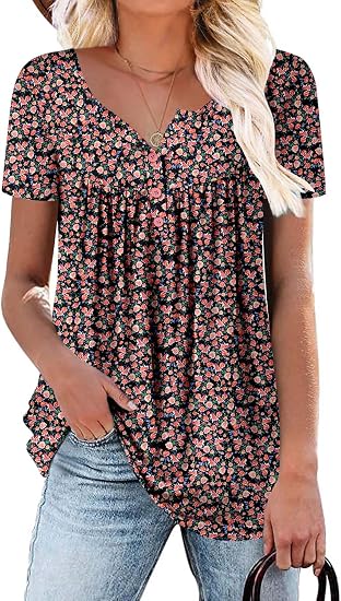 Women's Short Sleeve Shirts Floral Summer Tops Loose Fit for Leggings