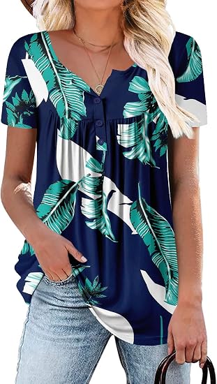 Women's Short Sleeve Shirts Floral Summer Tops Loose Fit for Leggings