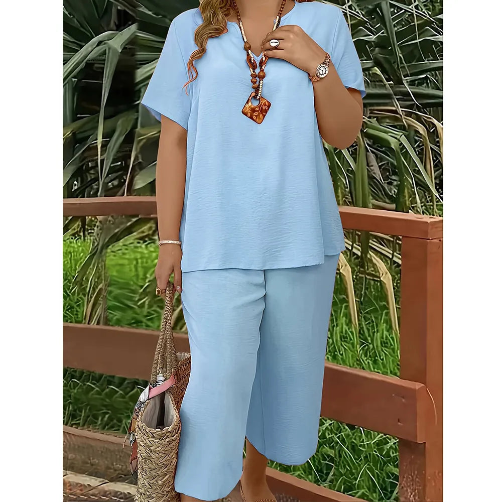 💕Women's Solid Short Sleeve Top & Loose Wide Leg Pants 2-Piece Set😍