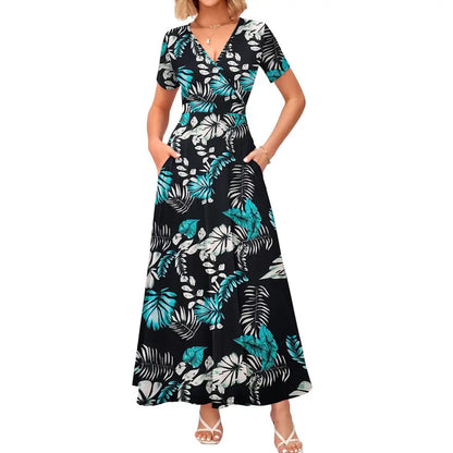 Maxi Dresses for Women V neck Ankle Length Floral Print Beach Long Flowy Dress with Pockets