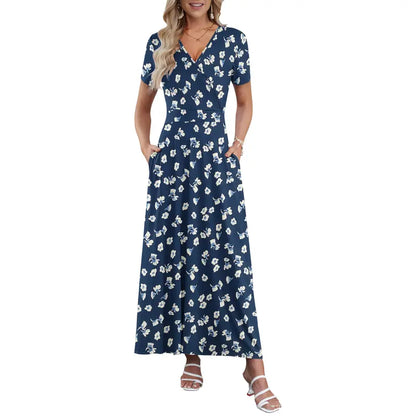 Maxi Dresses for Women V neck Ankle Length Floral Print Beach Long Flowy Dress with Pockets