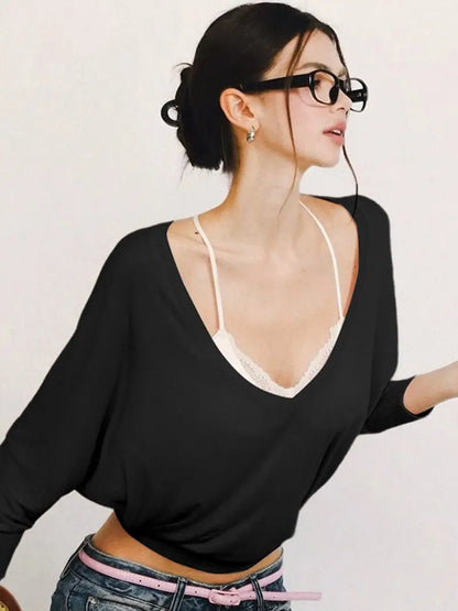 Women's Solid Color Minimalist Semi-Sheer V Neck Long Sleeve T-shirt 💖 Feel Confident in Every Outfit