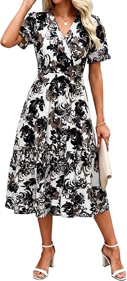 Summer Dresses Midi Dress V Neck Puffy Short Sleeve Flowy Casual Vacation Beach Sundresses 2026 with Pockets