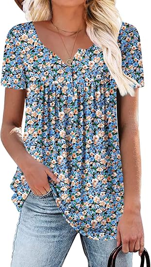 Women's Short Sleeve Shirts Floral Summer Tops Loose Fit for Leggings