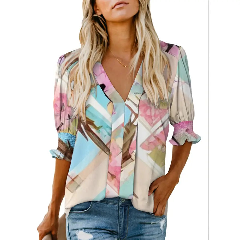 💖 Summer Sale Picks! Women’s Cute V Neck Tops 🌸 Floral Ruffle Sleeve Casual Tees