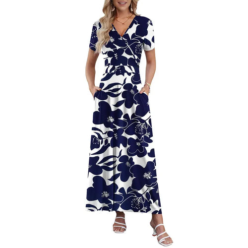 Maxi Dresses for Women V neck Ankle Length Floral Print Beach Long Flowy Dress with Pockets