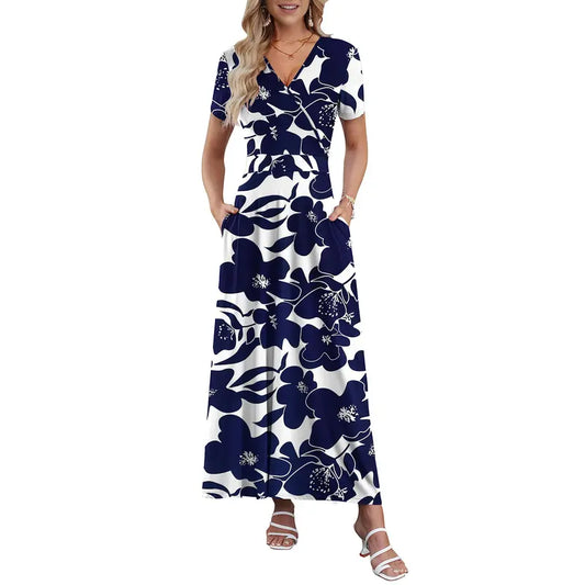 Maxi Dresses for Women V neck Ankle Length Floral Print Beach Long Flowy Dress with Pockets