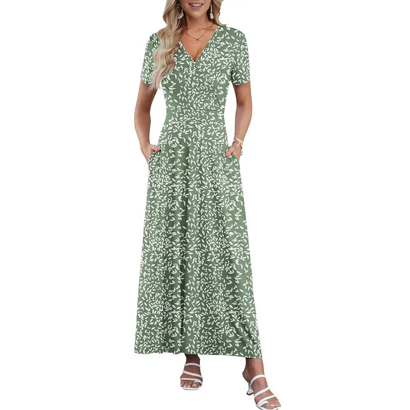 Maxi Dresses for Women V neck Ankle Length Floral Print Beach Long Flowy Dress with Pockets
