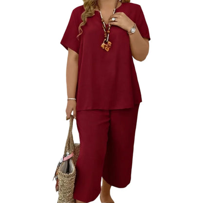 💕Women's Solid Short Sleeve Top & Loose Wide Leg Pants 2-Piece Set😍