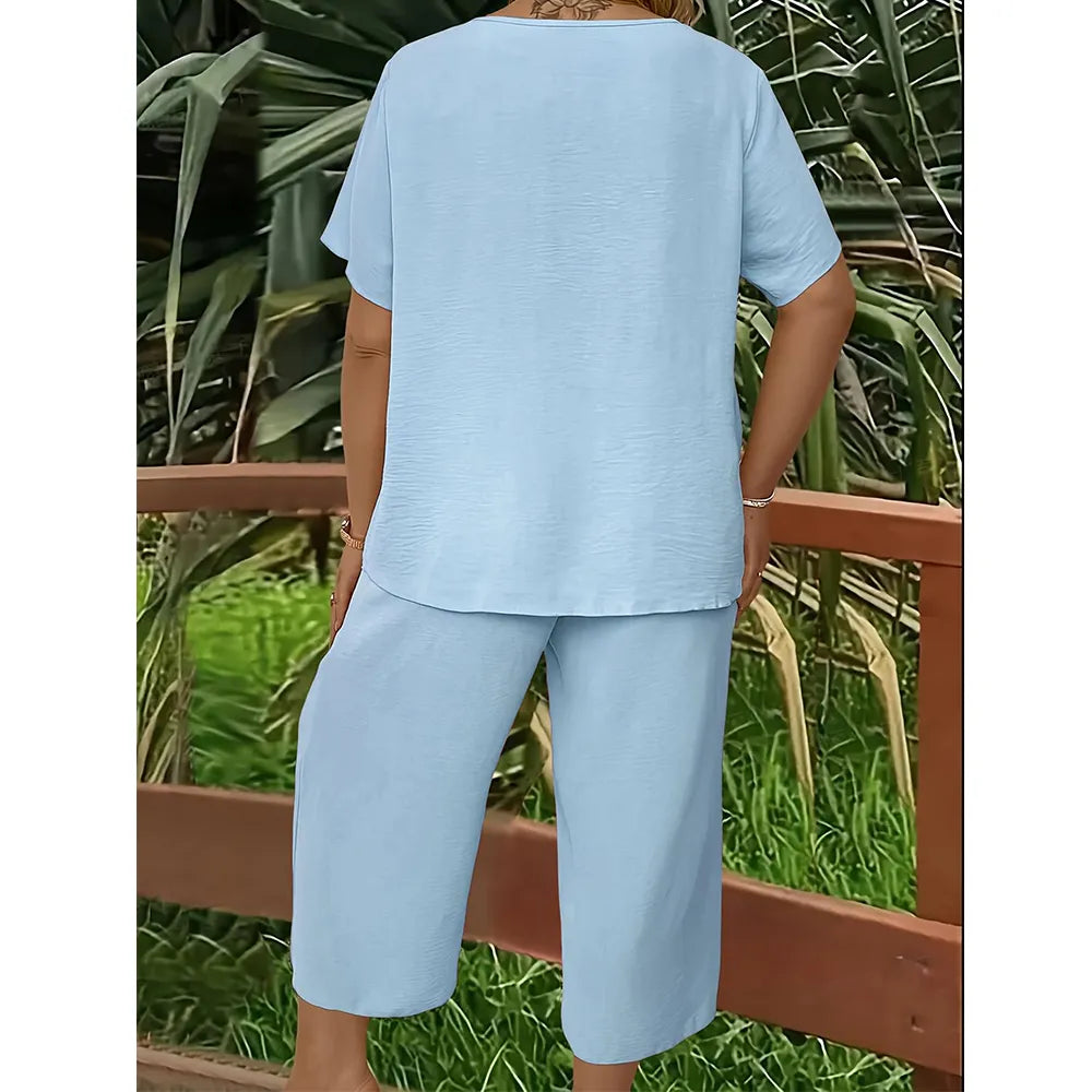💕Women's Solid Short Sleeve Top & Loose Wide Leg Pants 2-Piece Set😍