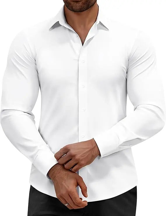 👔 Men's 16-Way Stretch Slim Fit Dress Shirt ✨ Wrinkle-Free Long Sleeve Button Down 💼 Business Casual Traveler Essential