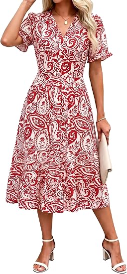 Summer Dresses Midi Dress V Neck Puffy Short Sleeve Flowy Casual Vacation Beach Sundresses 2026 with Pockets