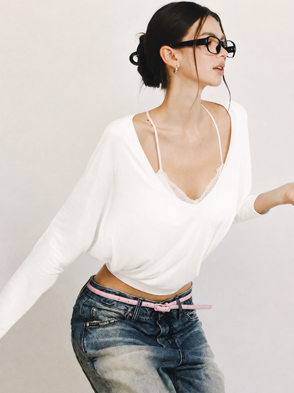 Women's Solid Color Minimalist Semi-Sheer V Neck Long Sleeve T-shirt 💖 Feel Confident in Every Outfit