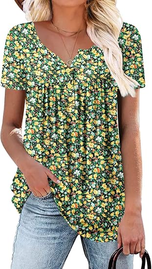 Women's Short Sleeve Shirts Floral Summer Tops Loose Fit for Leggings