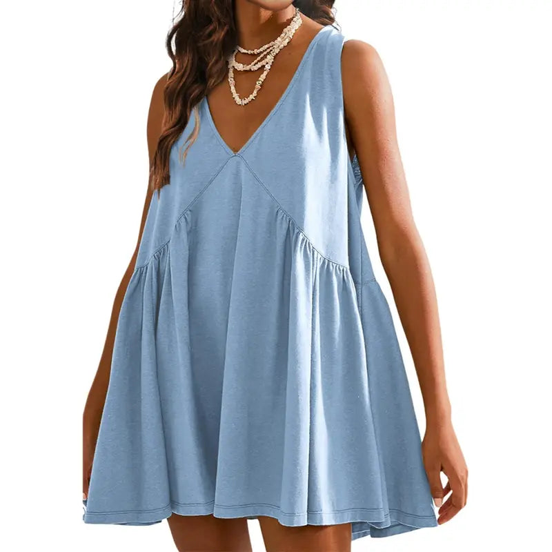 Women's V-Neck Tank Sundress Summer Sleeveless💕 A-Line Mini Dress Casual Loose Dresses with Pockets💕💕
