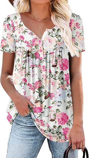 Women's Short Sleeve Shirts Floral Summer Tops Loose Fit for Leggings