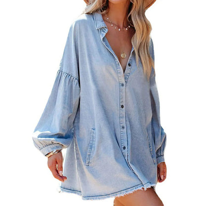 🔥 👗 Women's Oversized Denim Shirt Dress 💙 Casual Loose Fit with Pockets