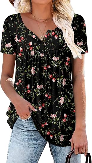 Women's Short Sleeve Shirts Floral Summer Tops Loose Fit for Leggings