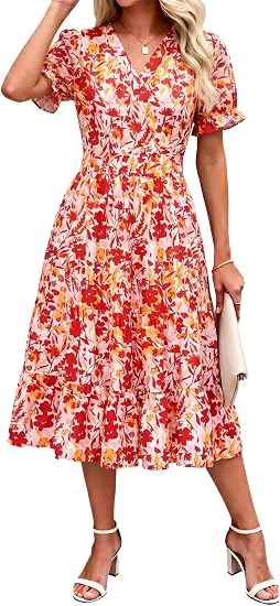 Summer Dresses Midi Dress V Neck Puffy Short Sleeve Flowy Casual Vacation Beach Sundresses 2026 with Pockets