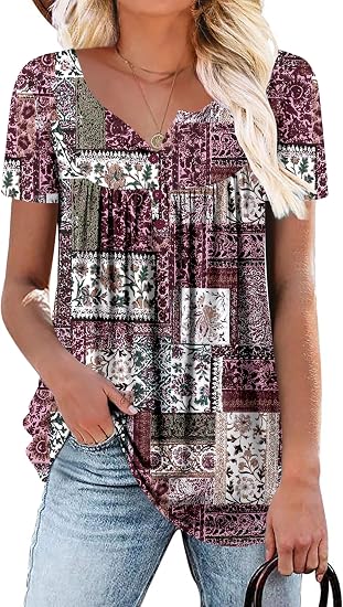 Women's Short Sleeve Shirts Floral Summer Tops Loose Fit for Leggings