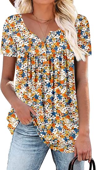 Women's Short Sleeve Shirts Floral Summer Tops Loose Fit for Leggings