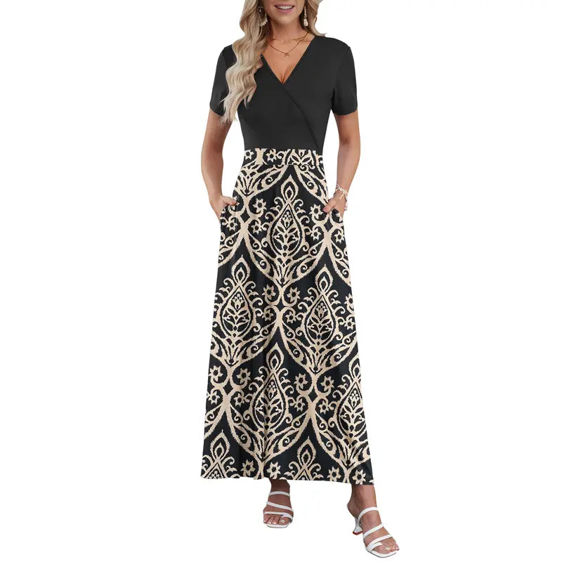 Maxi Dresses for Women V neck Ankle Length Floral Print Beach Long Flowy Dress with Pockets
