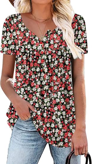 Women's Short Sleeve Shirts Floral Summer Tops Loose Fit for Leggings