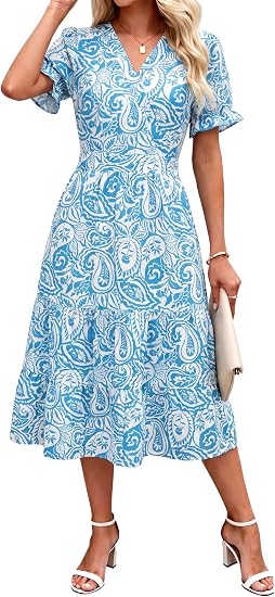 Summer Dresses Midi Dress V Neck Puffy Short Sleeve Flowy Casual Vacation Beach Sundresses 2026 with Pockets