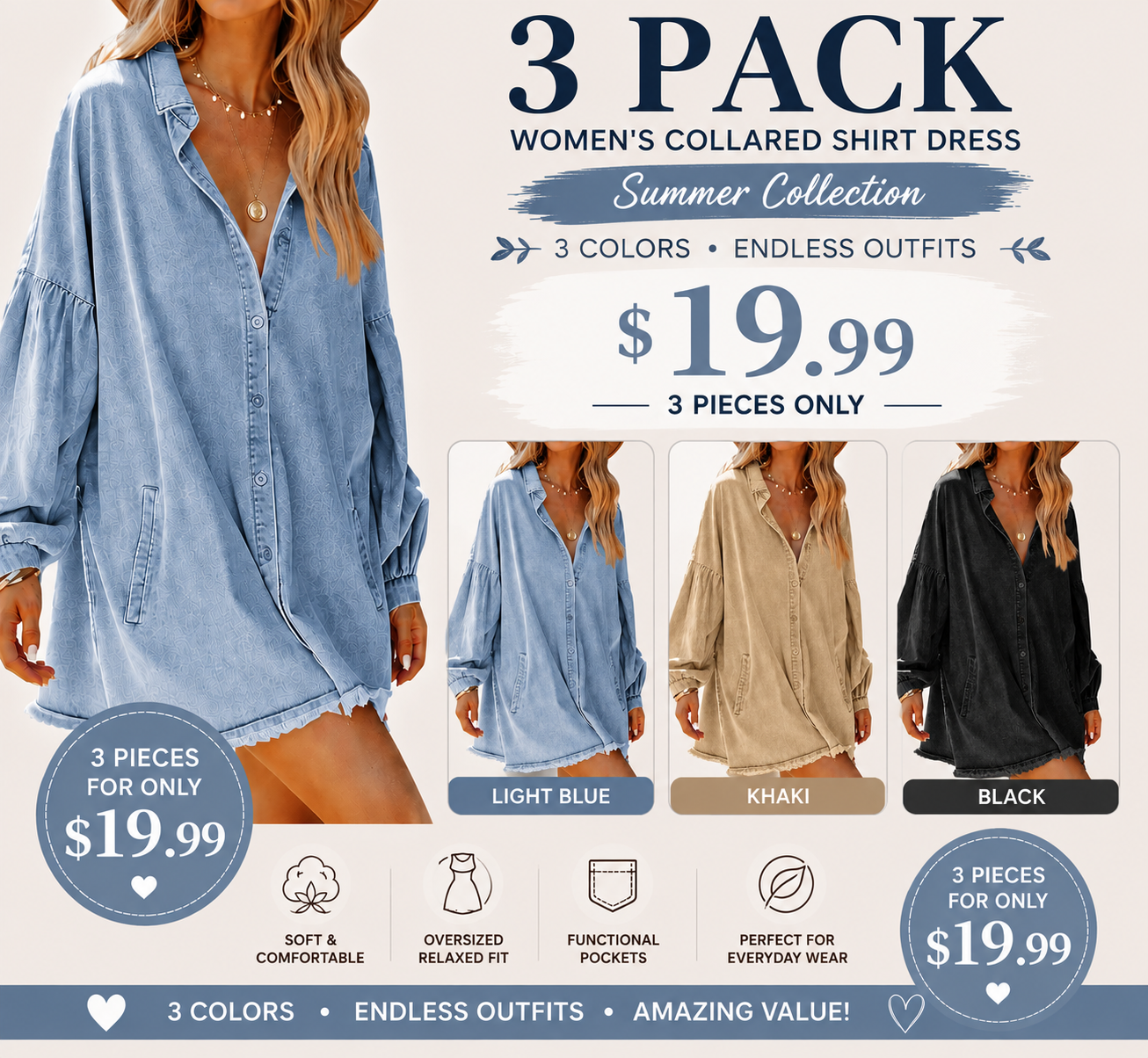 🔥 👗 Women's Oversized Denim Shirt Dress 💙 Casual Loose Fit with Pockets