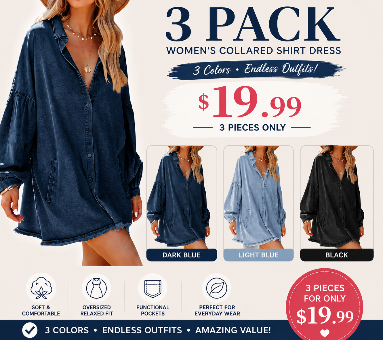🔥 👗 Women's Oversized Denim Shirt Dress 💙 Casual Loose Fit with Pockets