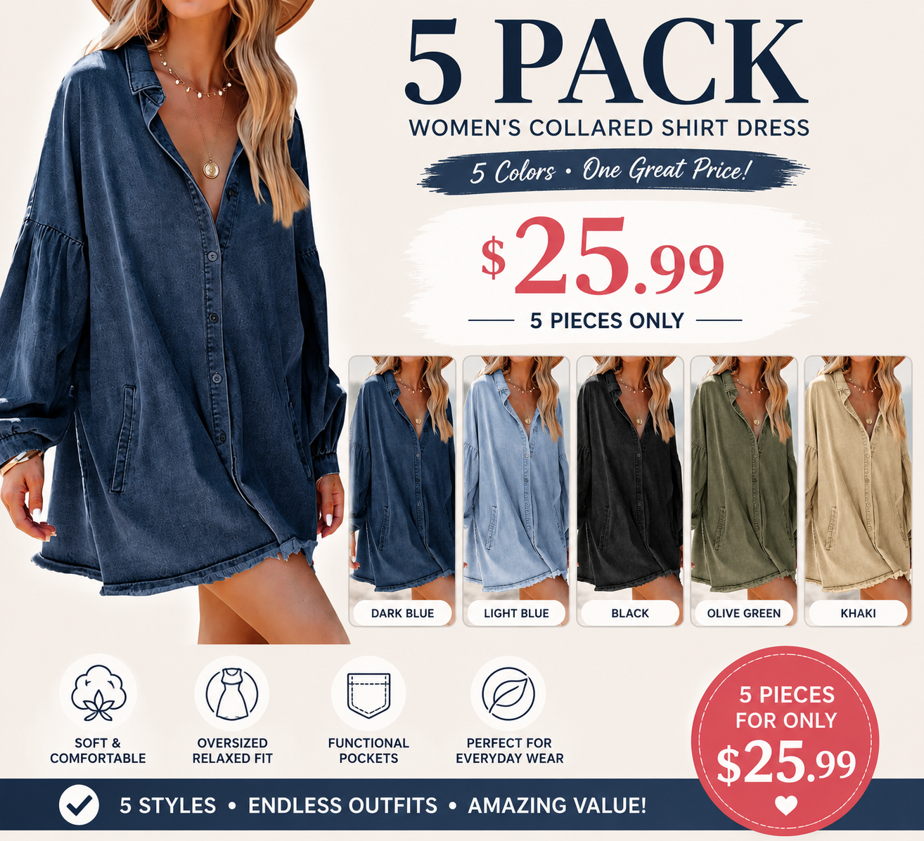🔥 👗 Women's Oversized Denim Shirt Dress 💙 Casual Loose Fit with Pockets