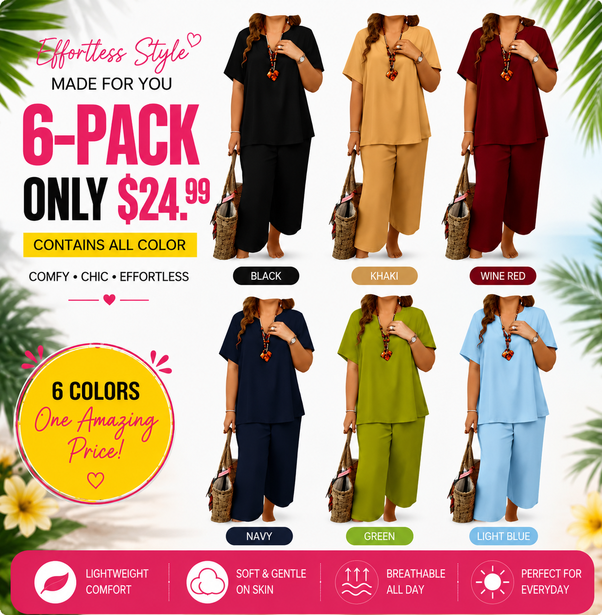 💕Women's Solid Short Sleeve Top & Loose Wide Leg Pants 2-Piece Set😍