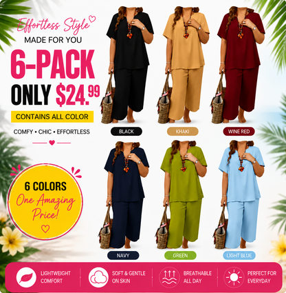 💕Women's Solid Short Sleeve Top & Loose Wide Leg Pants 2-Piece Set😍