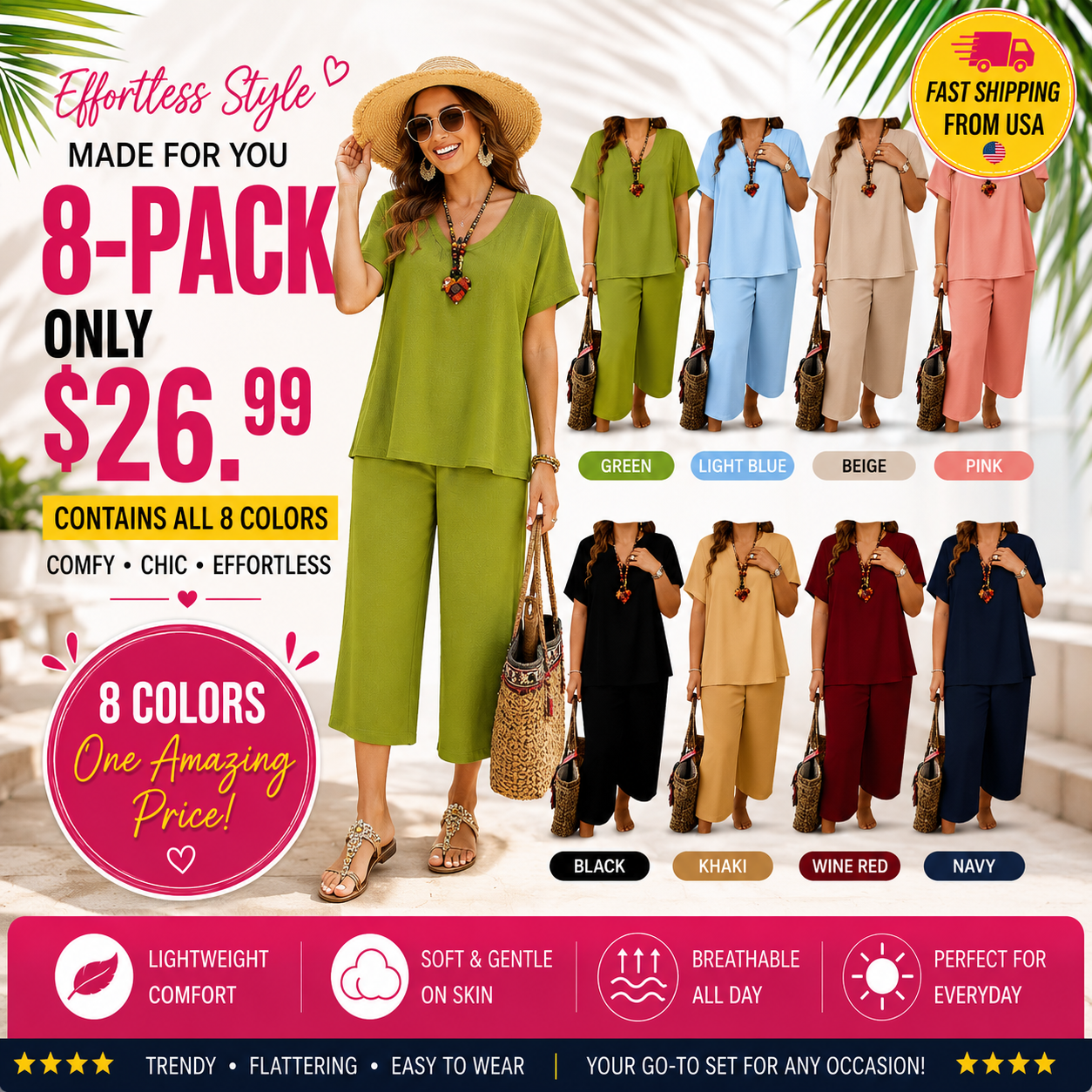 💕Women's Solid Short Sleeve Top & Loose Wide Leg Pants 2-Piece Set😍