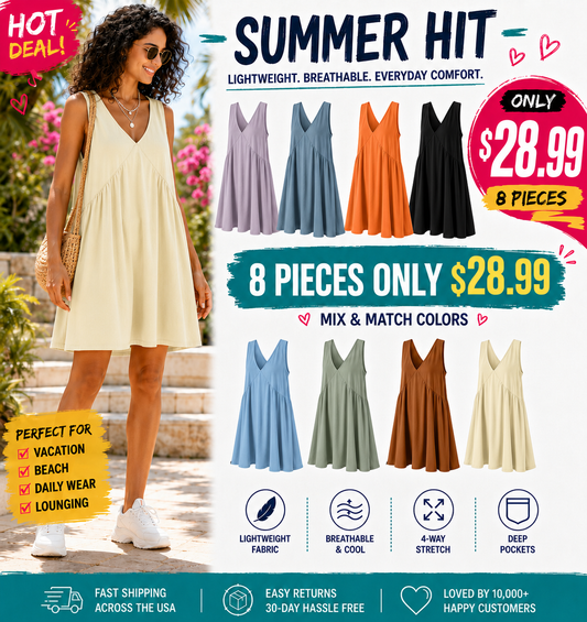 Women's V-Neck Tank Sundress Summer Sleeveless💕 A-Line Mini Dress Casual Loose Dresses with Pockets💕💕
