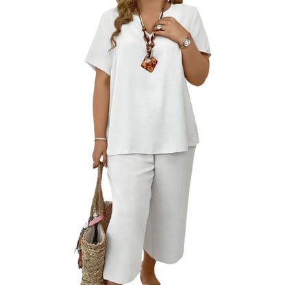 💕Women's Solid Short Sleeve Top & Loose Wide Leg Pants 2-Piece Set😍
