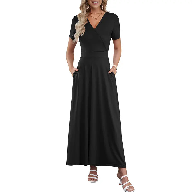 Maxi Dresses for Women V neck Ankle Length Floral Print Beach Long Flowy Dress with Pockets