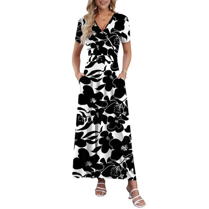 Maxi Dresses for Women V neck Ankle Length Floral Print Beach Long Flowy Dress with Pockets