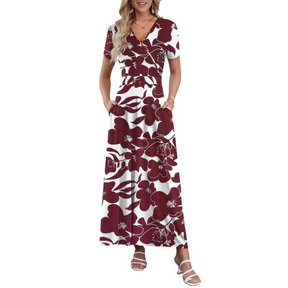 Maxi Dresses for Women V neck Ankle Length Floral Print Beach Long Flowy Dress with Pockets
