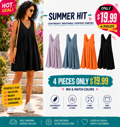 Women's V-Neck Tank Sundress Summer Sleeveless💕 A-Line Mini Dress Casual Loose Dresses with Pockets💕💕