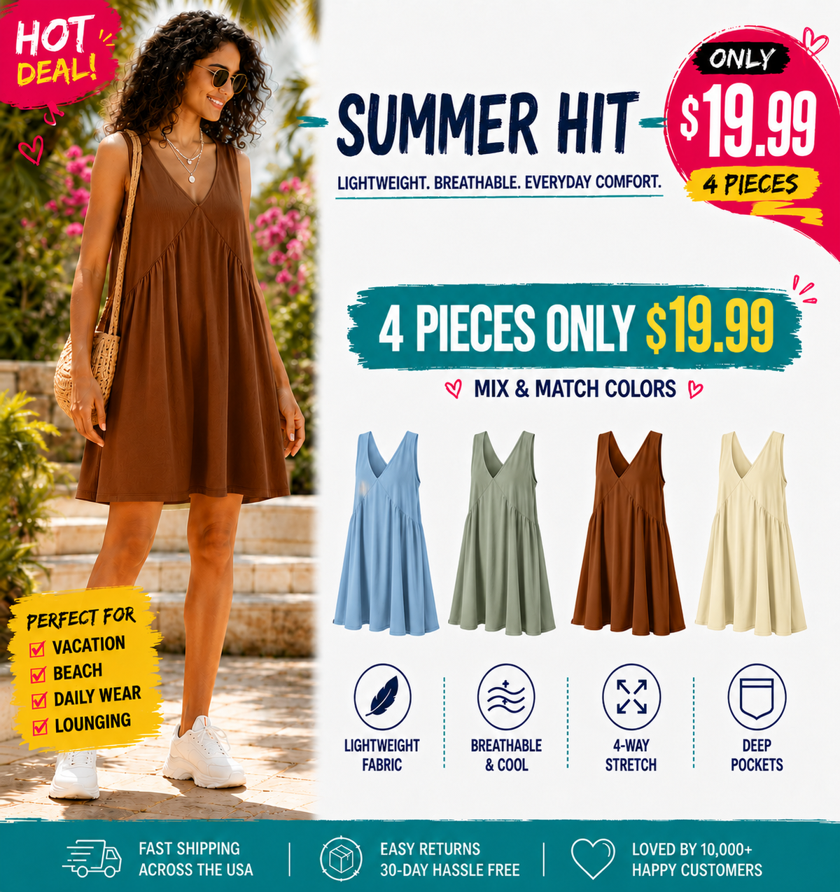 Women's V-Neck Tank Sundress Summer Sleeveless💕 A-Line Mini Dress Casual Loose Dresses with Pockets💕💕